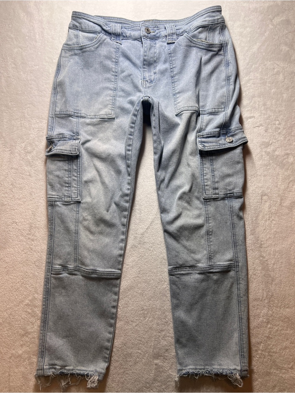 KanCan Jeans Womens 11/29 Crop Stretch Cargo Blue Mid Rise Distressed Raw Hem